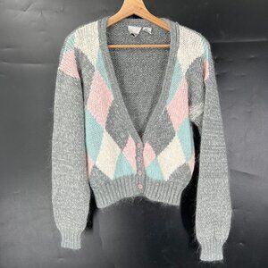Vintage 80s Katherine Bishop mohair blend knit argyle sweater pastel cardigan M